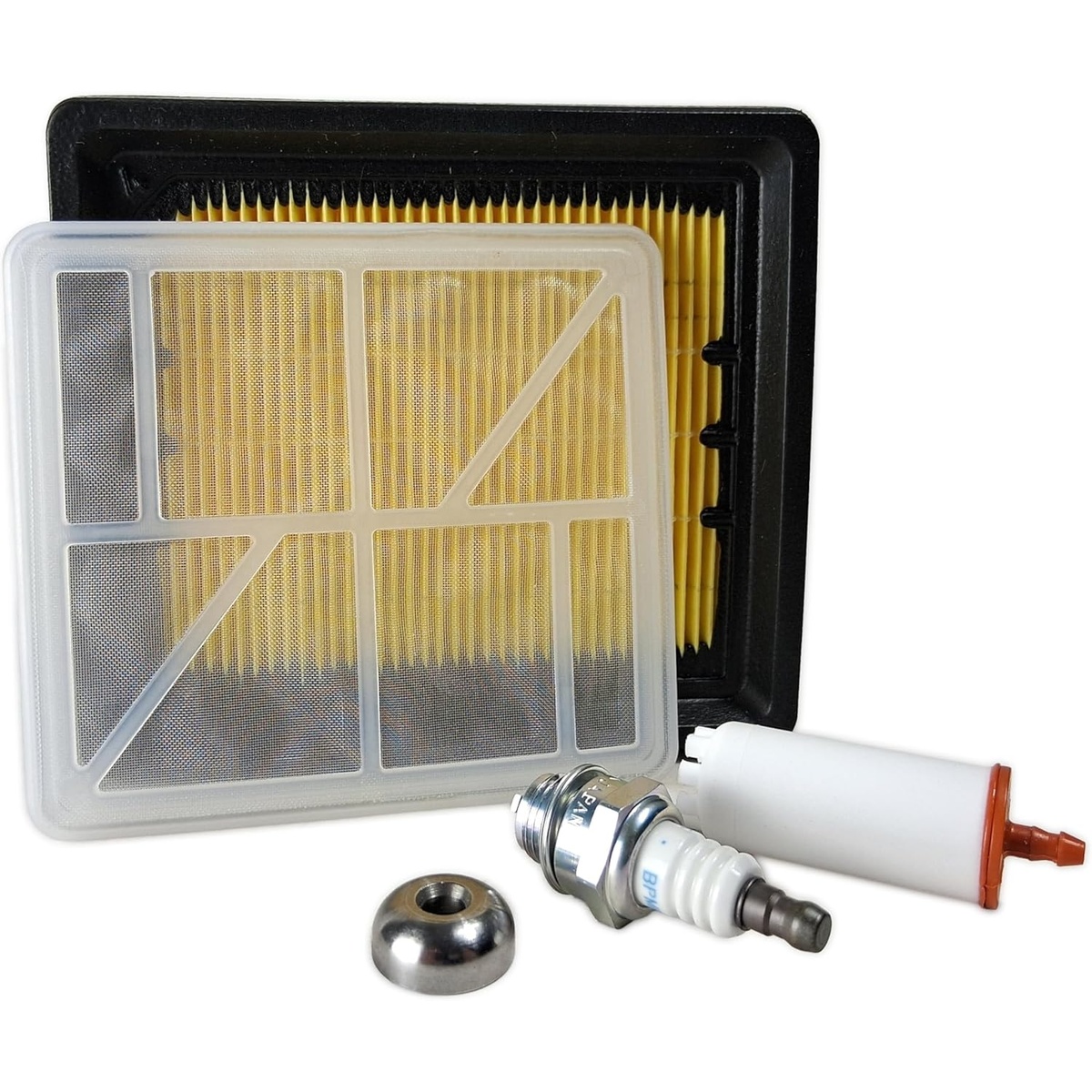 Husqvarna 546903001 Service Kit components including filter screen, air filter, spark plug, and fuel filter arranged together for scheduled cutoff saw service