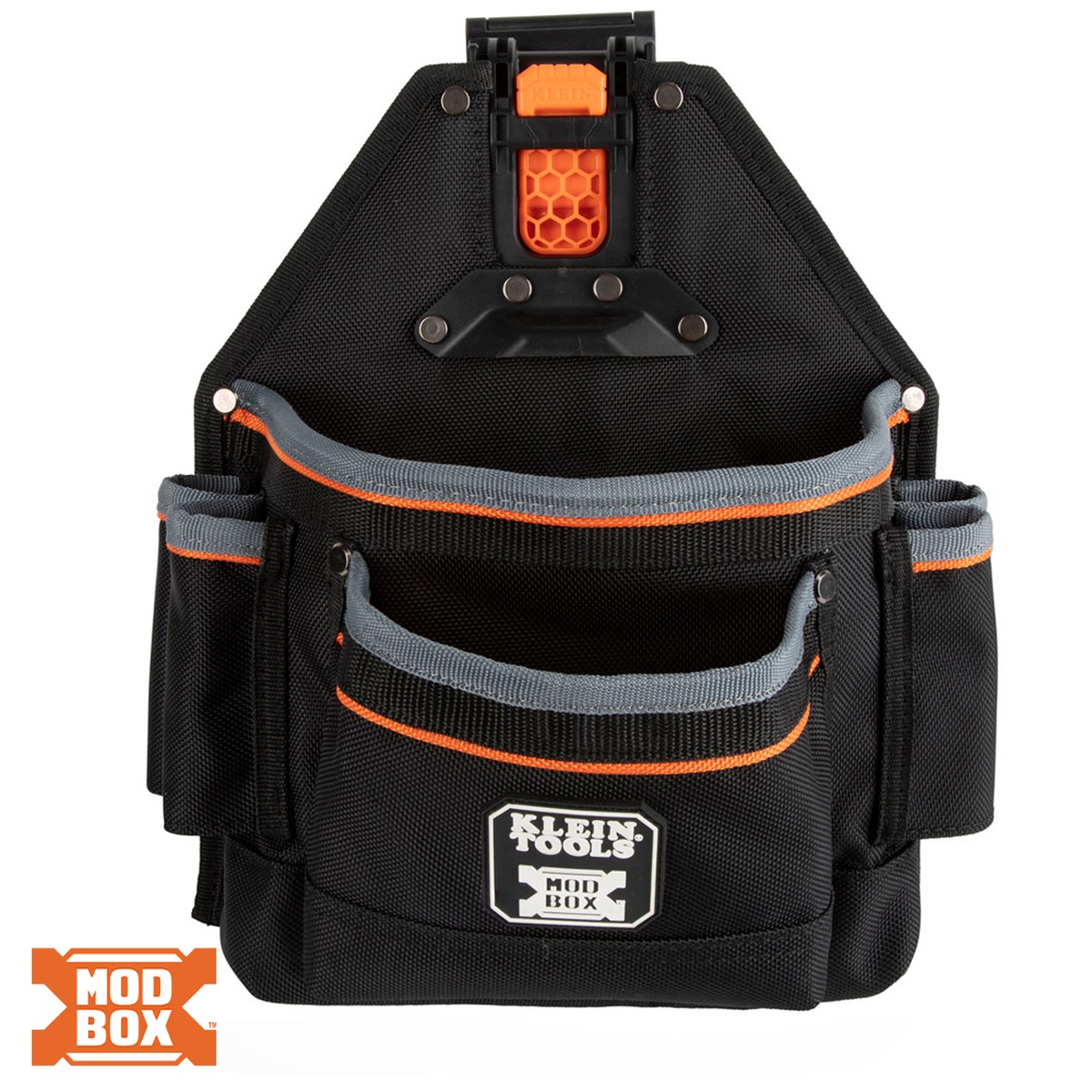 Klein MODbox 9 Pocket Tool and Parts Pouch front view showing organized pocket layout for carrying hand tools and fasteners on a jobsite belt
