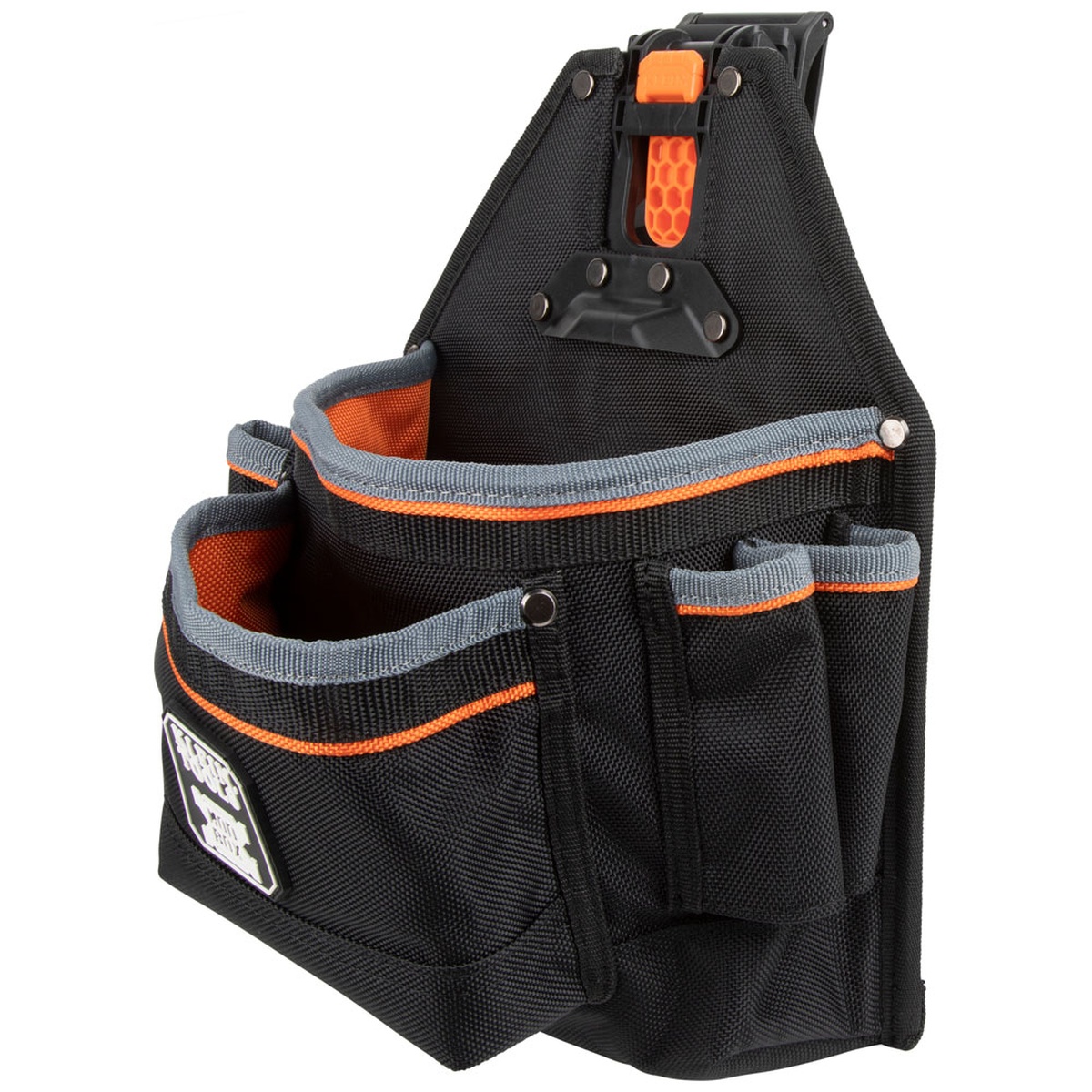 Klein MODbox 9 Pocket Tool and Parts Pouch angled view showing the rear clip and pouch body for belt carry and MODbox rail system storage