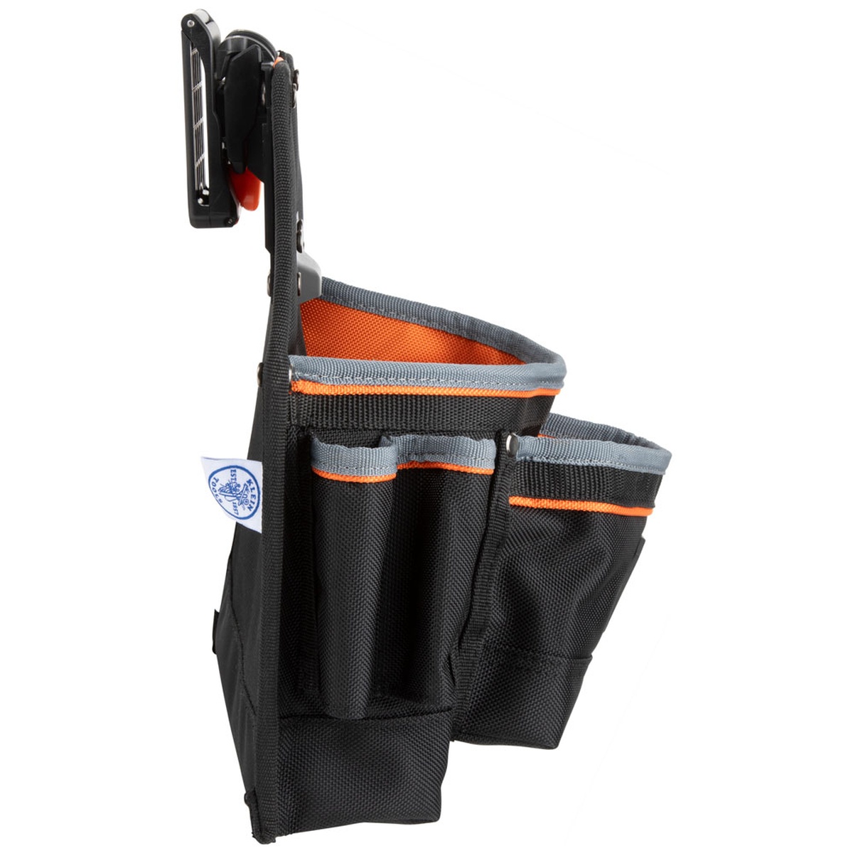 Side view of the Klein MODbox 9 Pocket Tool and Parts Pouch showing the pivoting belt clip design for upright carry while moving around a work area