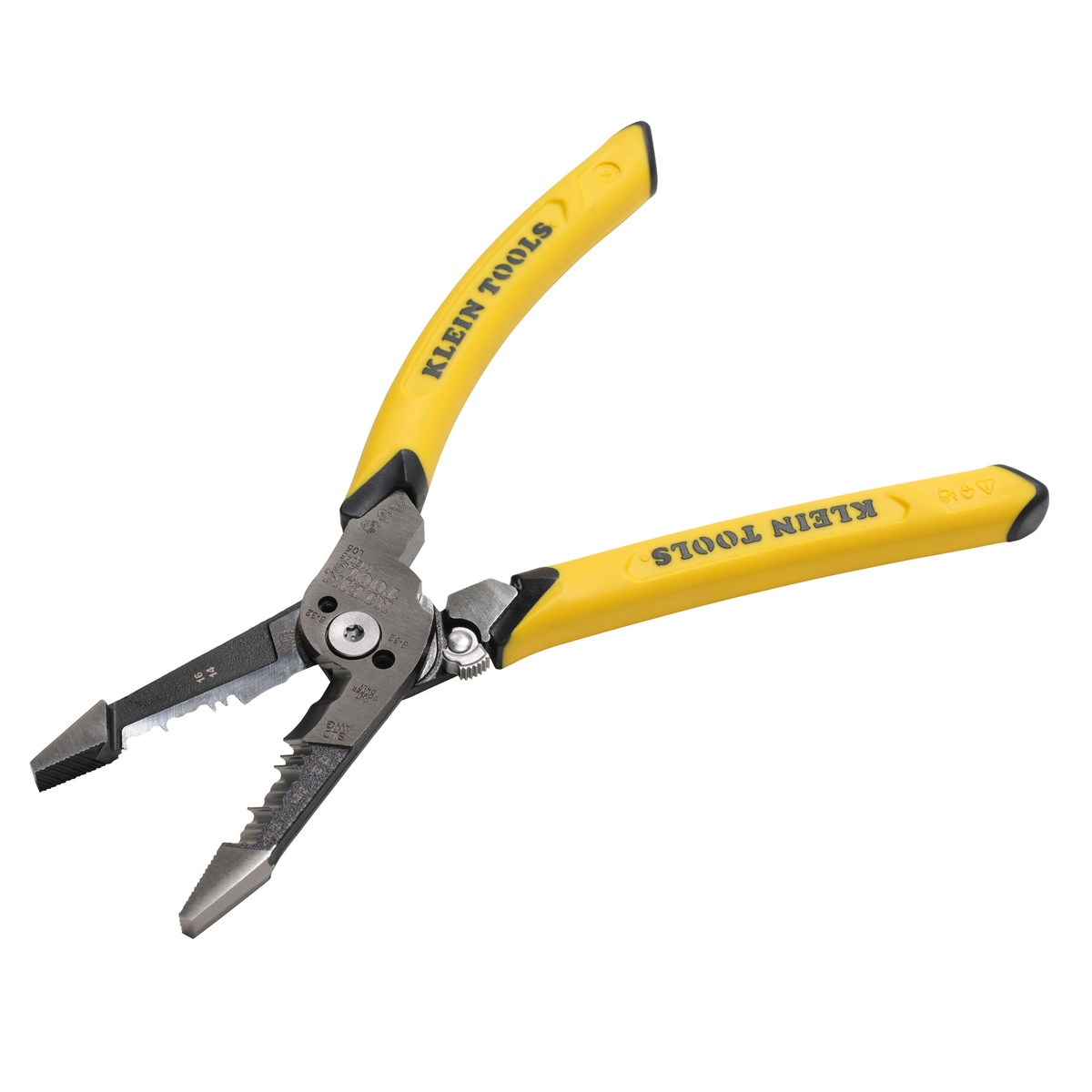 Klein Tools Slim-Forged Dual NM Cable Stripper/Cutter open with yellow handles and stripping jaws visible, shown ready for NM cable stripping and copper wire cutting during electrical rough-in work