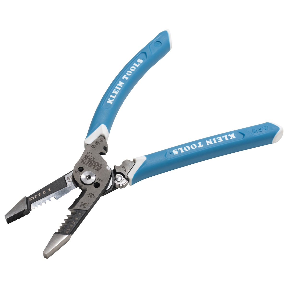 Klein Tools Slim-Forged Wire Stripper/Cutter shown open on a clean background, highlighting the stripping holes, cutting edges, plier jaws, and blue handles used for electrical wire prep