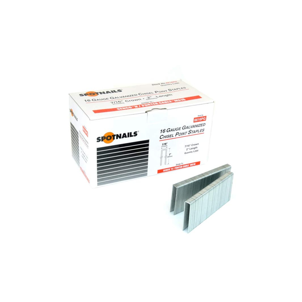 SpotNails 6612PG-10M medium crown galvanized staples shown in box with collated strips for construction fastening and sheathing work