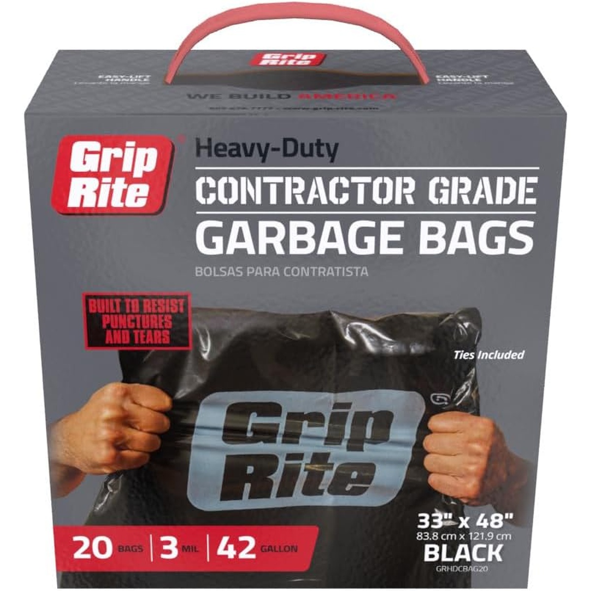 Grip Rite Prime Guard GRHDCBAG20 Grip Rite Heavy Duty 3 Mil Black Contractor Trash Bags 20 per box retail package showing contractor-grade 42 gallon black bags for jobsite cleanup and demolition debris