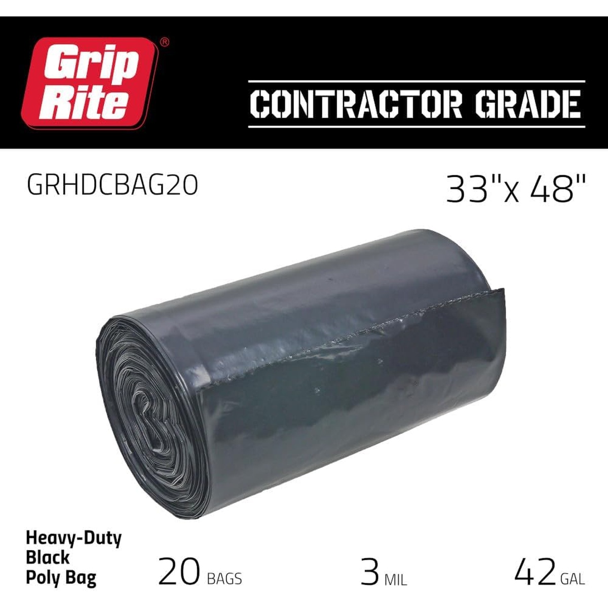 Grip Rite Prime Guard GRHDCBAG20 heavy-duty black contractor trash bag roll showing 33 x 48 inch bag size, 3 mil thickness, and 42 gallon capacity for construction waste