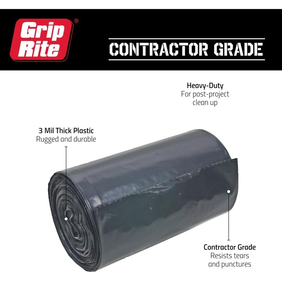 Grip Rite Prime Guard GRHDCBAG20 contractor trash bag close-up highlighting 3 mil thick plastic and tear-resistant contractor-grade design for post-project cleanup