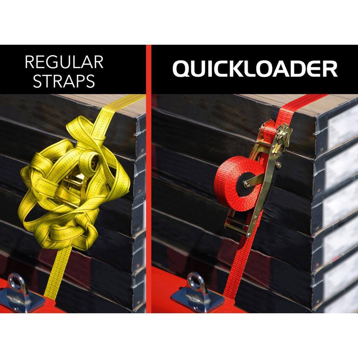 Quickloader QL300003 Retractable Ratchet Tie Down Strap securing cargo on a trailer edge with the strap rolled neatly on the spool during hauling