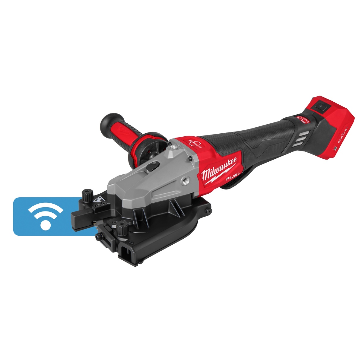 Milwaukee 3675-20 M18 FUEL Rebar Cutter shown as a cordless rebar cutting tool with barrel grip, side handle, and cutting assembly for steel rod work on the jobsite