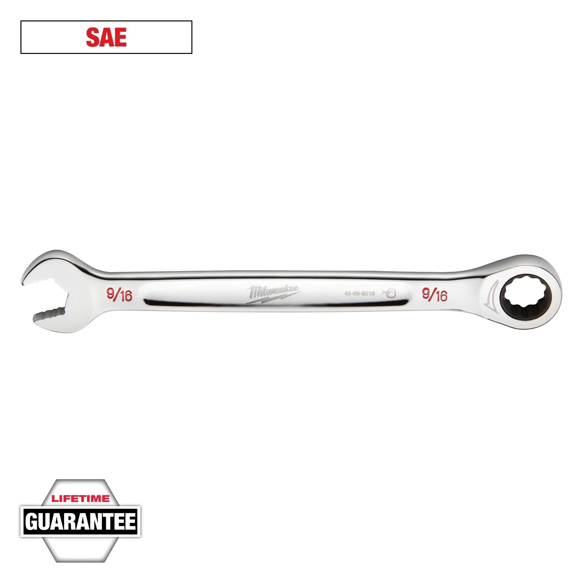 Milwaukee 9/16 in. SAE Ratcheting Combination Wrench product view showing the open end and ratcheting box end on a clean background