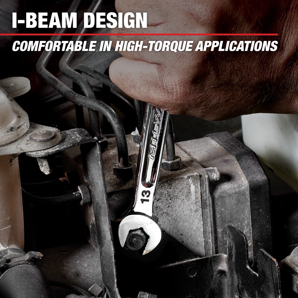 Milwaukee 9/16 in. SAE Ratcheting Combination Wrench being used by hand on an automotive fastener to show handle comfort and control