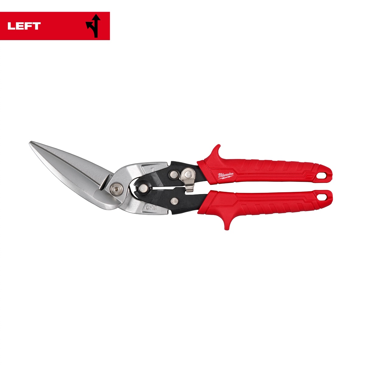 Milwaukee 48-22-4568 Left Offset Long Cut Aviation Snips closed and locked for storage with red comfort grip handles