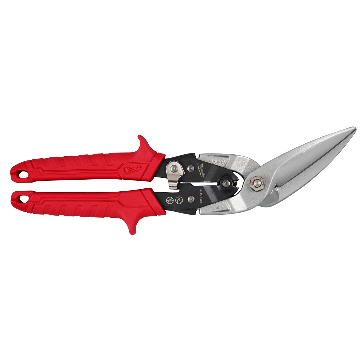 Milwaukee 48-22-4568 Left Offset Long Cut Aviation Snips product view showing forged steel blades and offset snip profile
