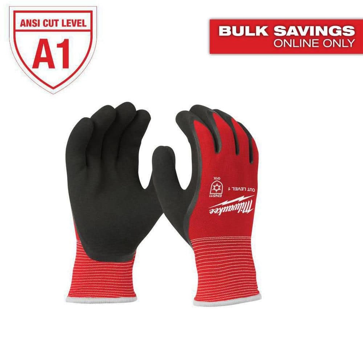 Milwaukee 48-22-8910 small red latex winter dipped work gloves shown as a pair with black latex palms on a clean background
