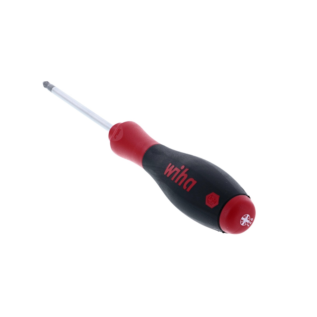Wiha 31310 SoftFinish Pozidriv Screwdriver #1 x 80mm angled view highlighting the dual durometer handle and rear cap marking for shop and maintenance use