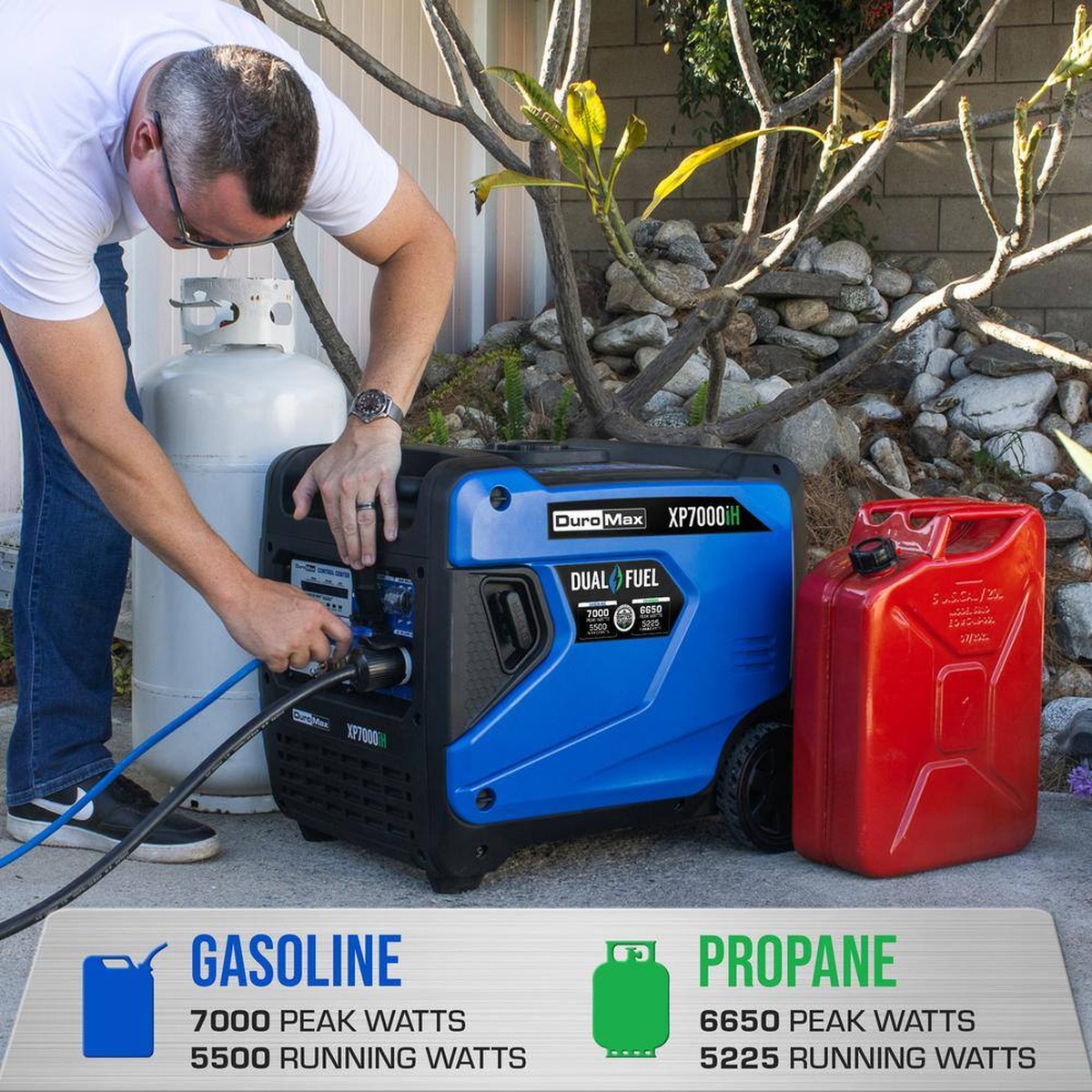 DuroMax XP7000iH Dual Fuel Portable Digital Inverter Generator connected for outdoor use with gasoline can and propane tank shown beside the unit