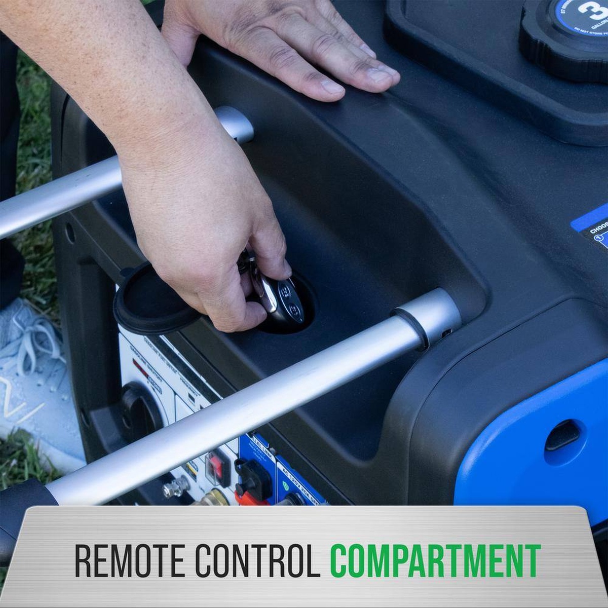 DuroMax XP7000iH Dual Fuel Portable Digital Inverter Generator remote control compartment close-up on top of the unit