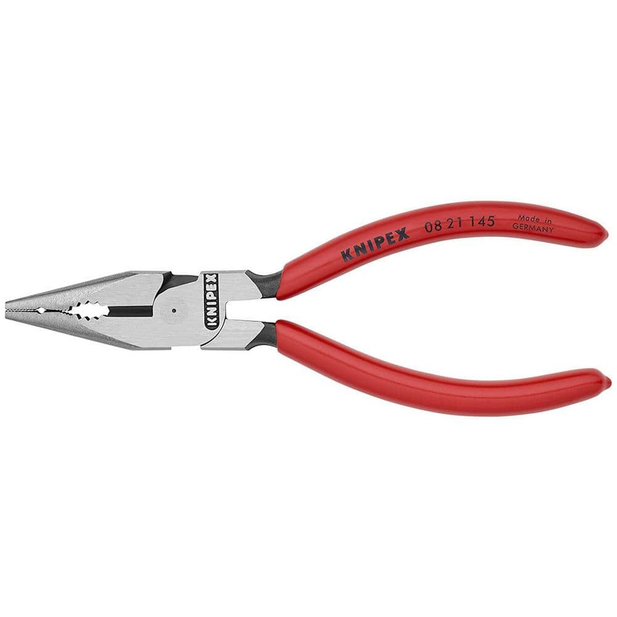 Knipex 08 21 145 SBA Needle Nose Combination Pliers clean side view showing the pointed jaw shape and dipped handles for everyday carry