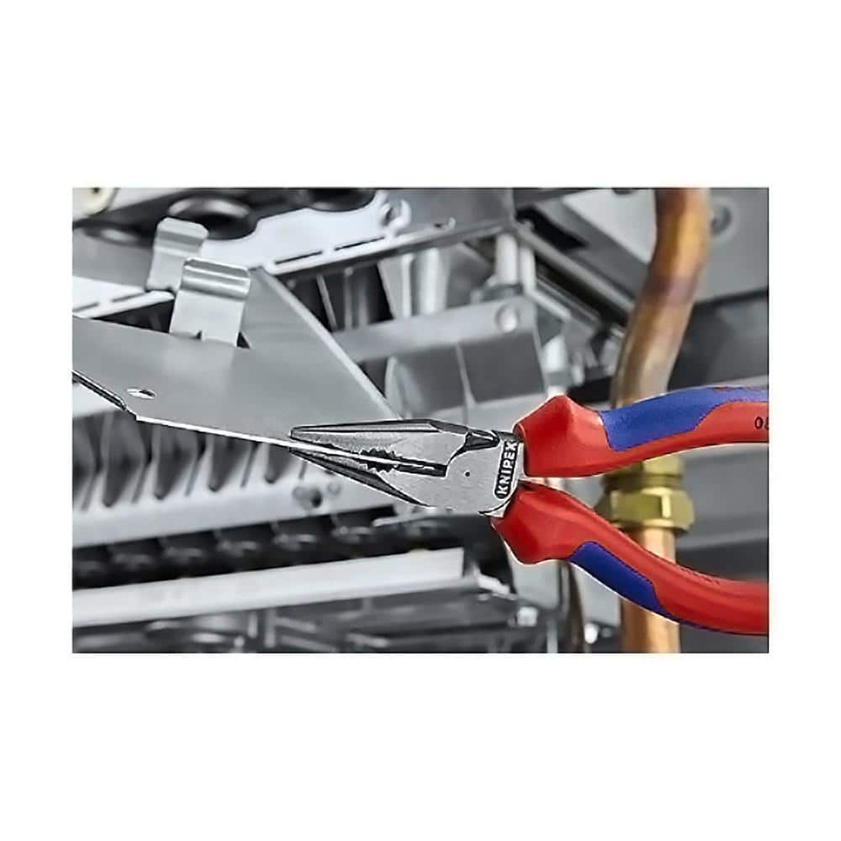 Knipex 08 21 145 SBA Needle Nose Combination Pliers reaching into a tight mechanical assembly to grip sheet metal during repair work