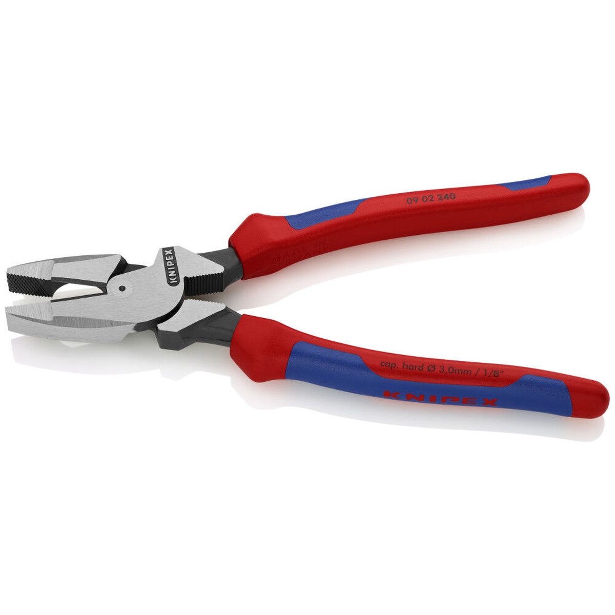 Knipex 09 02 240 SBA Lineman's Pliers shown open to highlight the high leverage jaw and cutter design in a shop product close-up