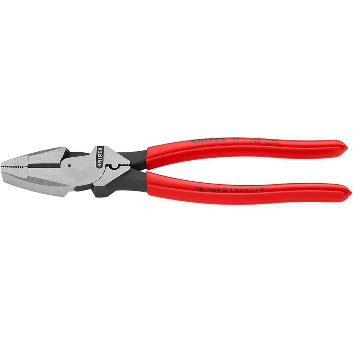 Knipex 09 11 240 SBA Lineman's Pliers full product view showing forged steel body and plastic coated handles on a clean background