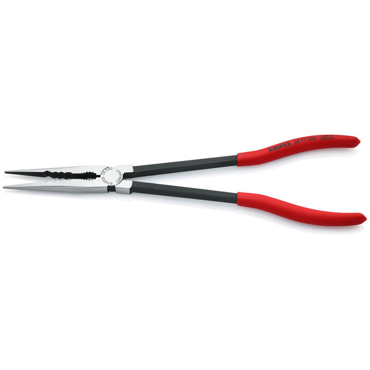 Knipex 28 71 280 SBA extra long needle nose pliers shown open to display the long reach jaws and extended handles for deep assembly work in tight mechanical spaces