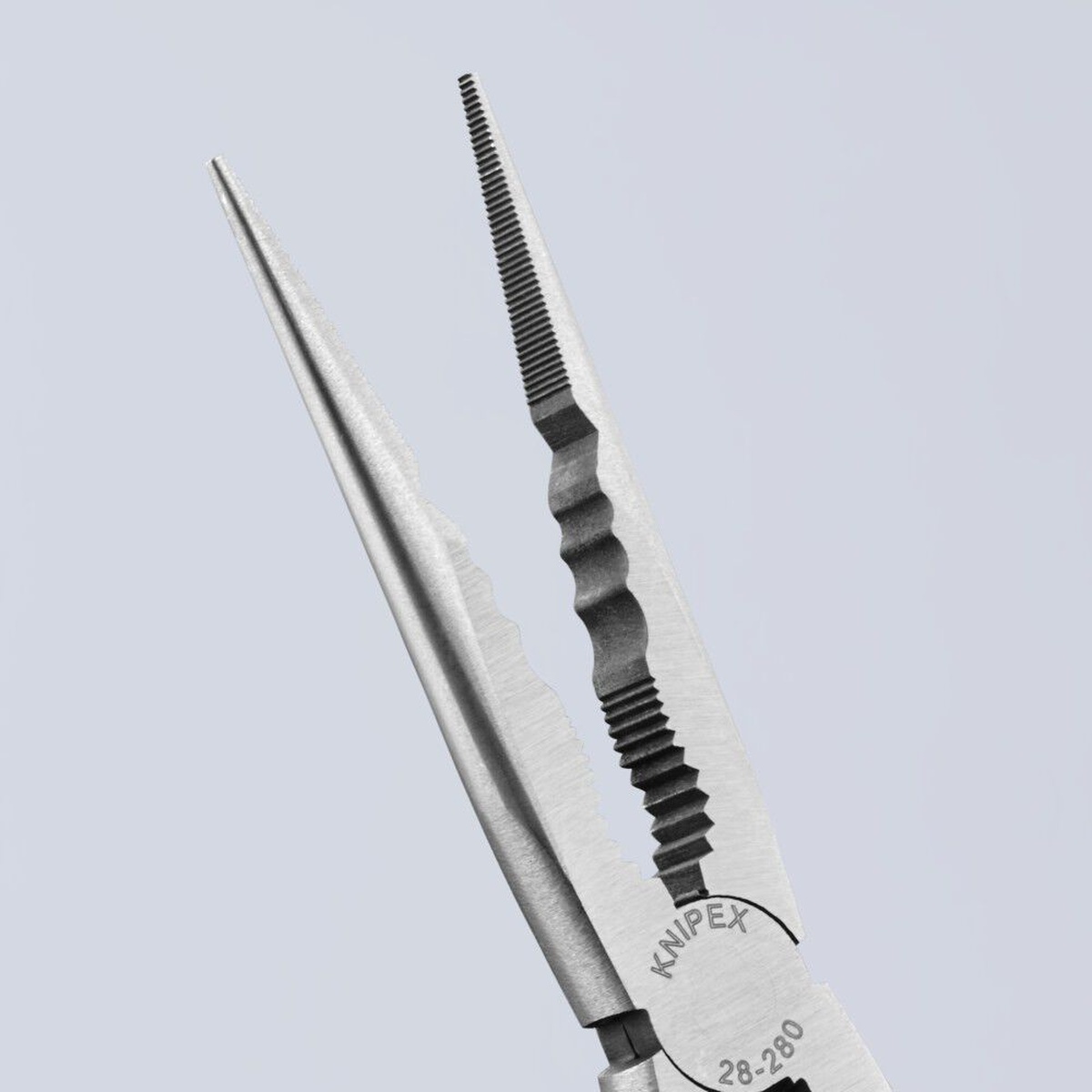 Close-up of the Knipex 28 71 280 SBA extra long needle nose pliers jaws showing the slim tip, serrations, and wave-shaped gripping profile for detailed service work