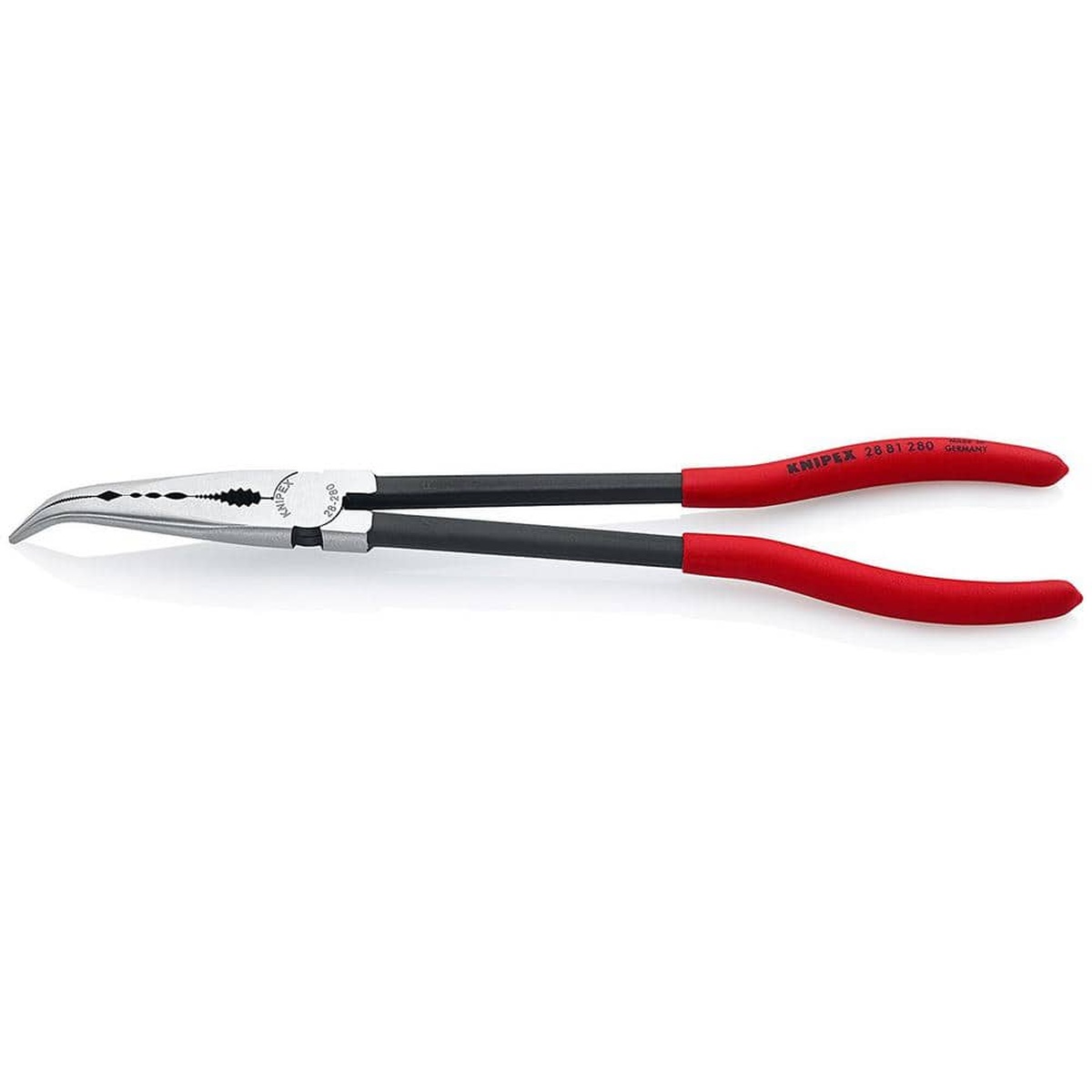 Knipex 28 81 280 SBA Extra Long Reach Angled Long Nose Pliers shown in full profile on a clean background, highlighting the long handles and angled head for deep access work in automotive and mechanical spaces