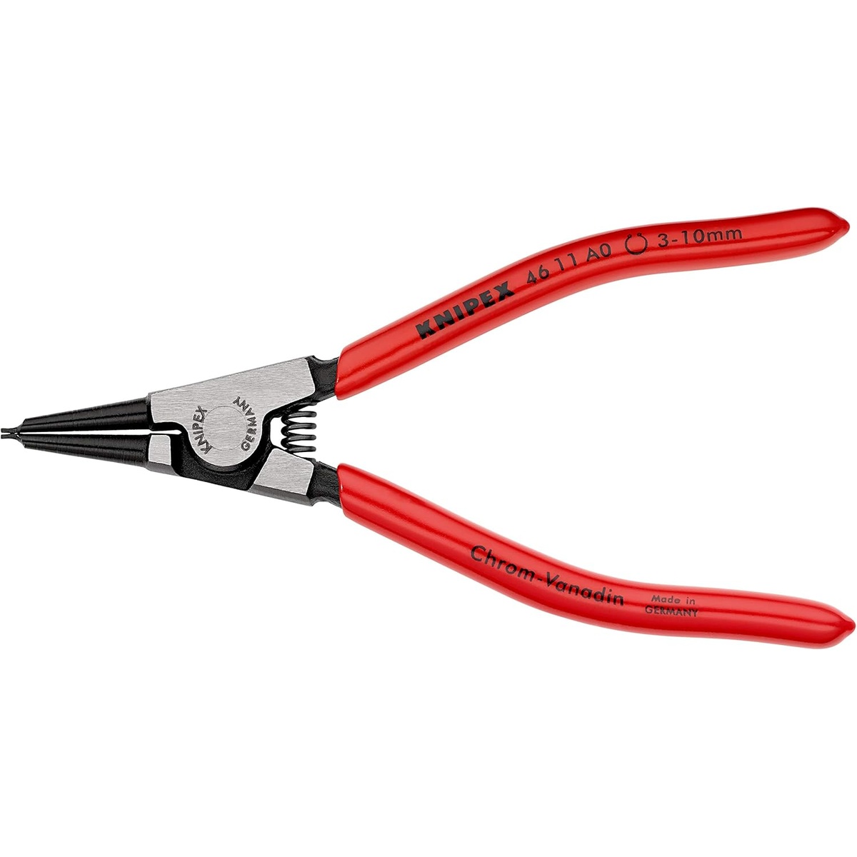 Knipex 46 11 A0 SBA external straight circlip pliers shown in a clean product view with red plastic-coated handles and straight tips for small shaft retaining ring service
