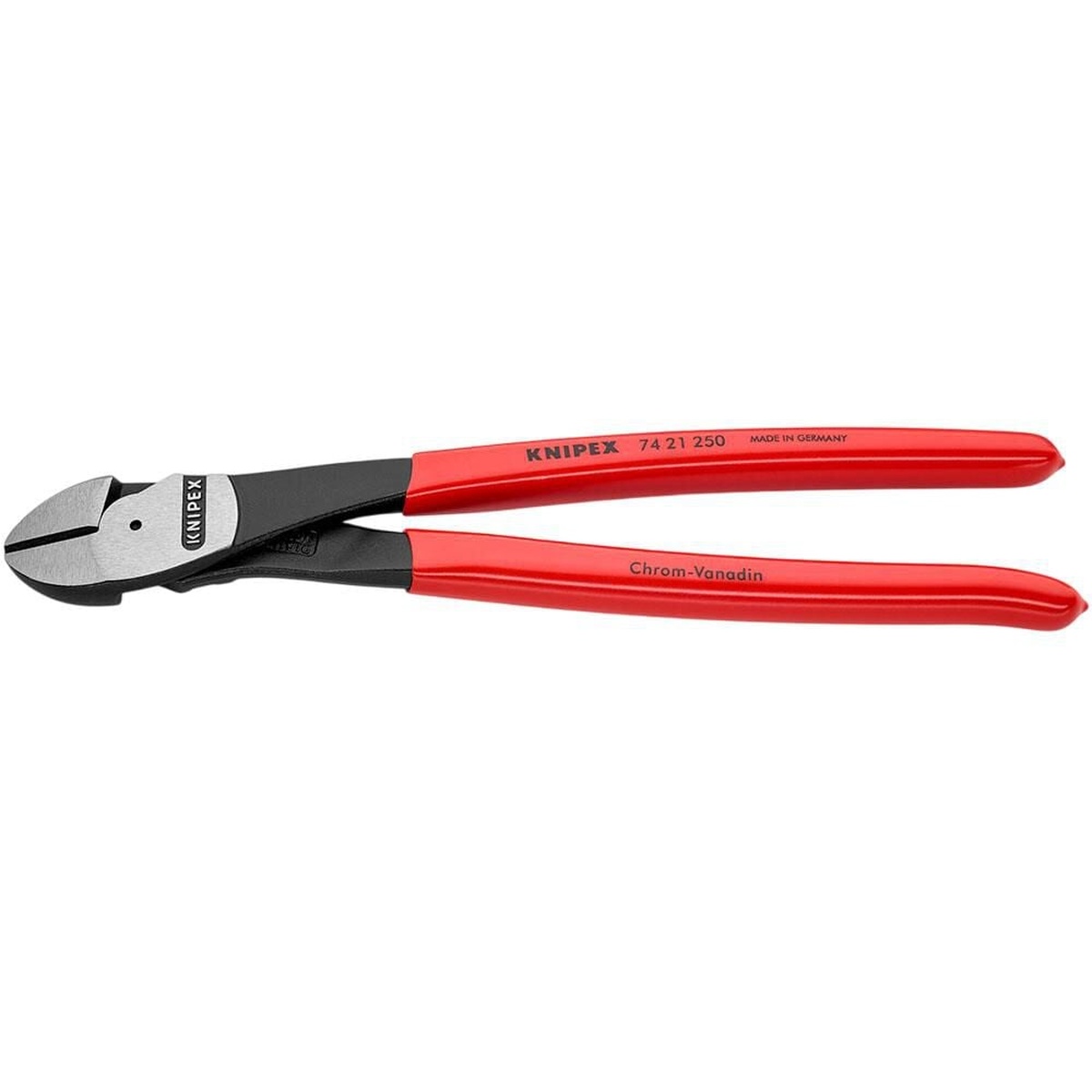 Knipex 74 21 250 SBA High Leverage Diagonal Cutters full product view with plastic coated handles on a clean background