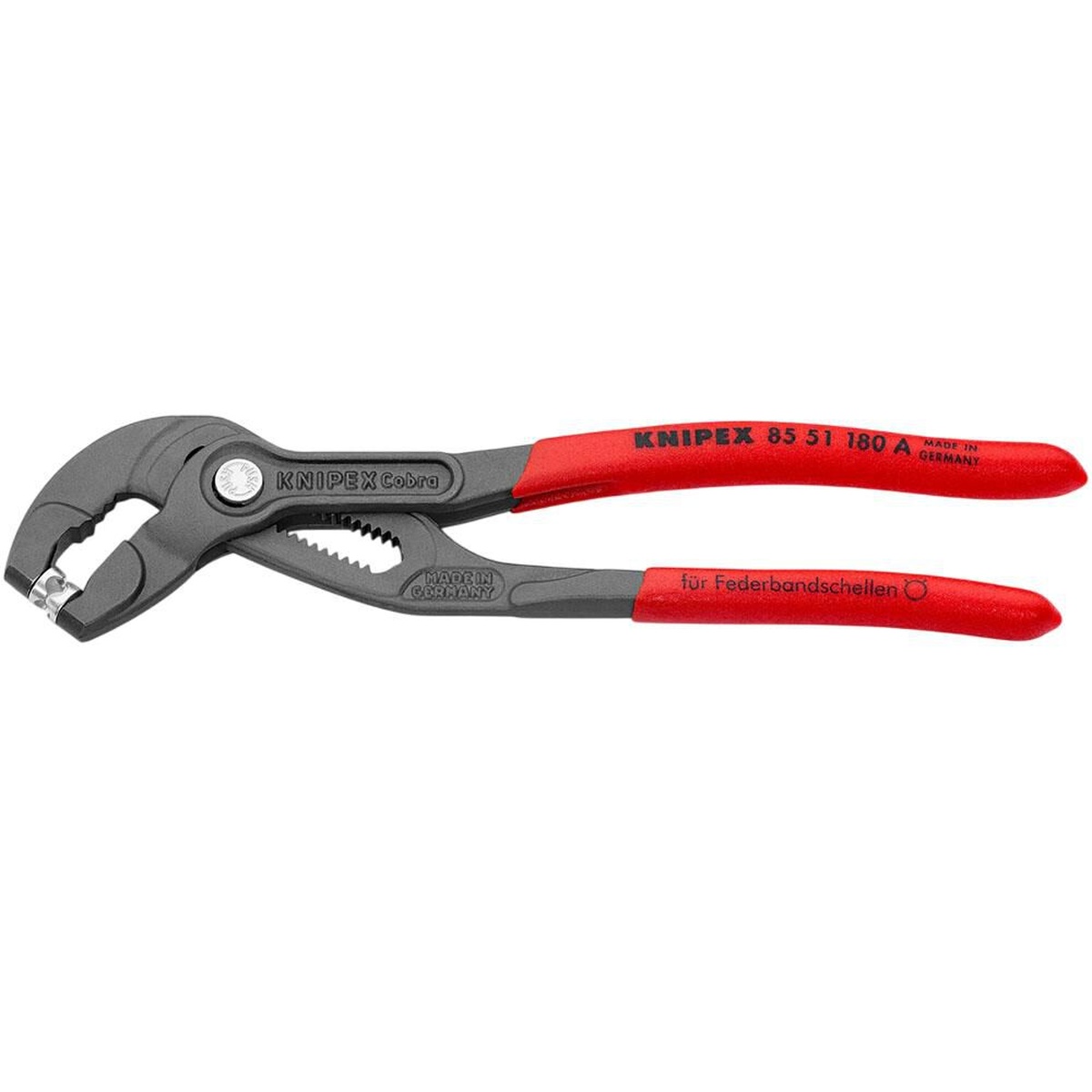 Knipex Spring Hose Clamp Pliers 180 mm shown in full profile for automotive hose clamp service in tight engine-bay spaces