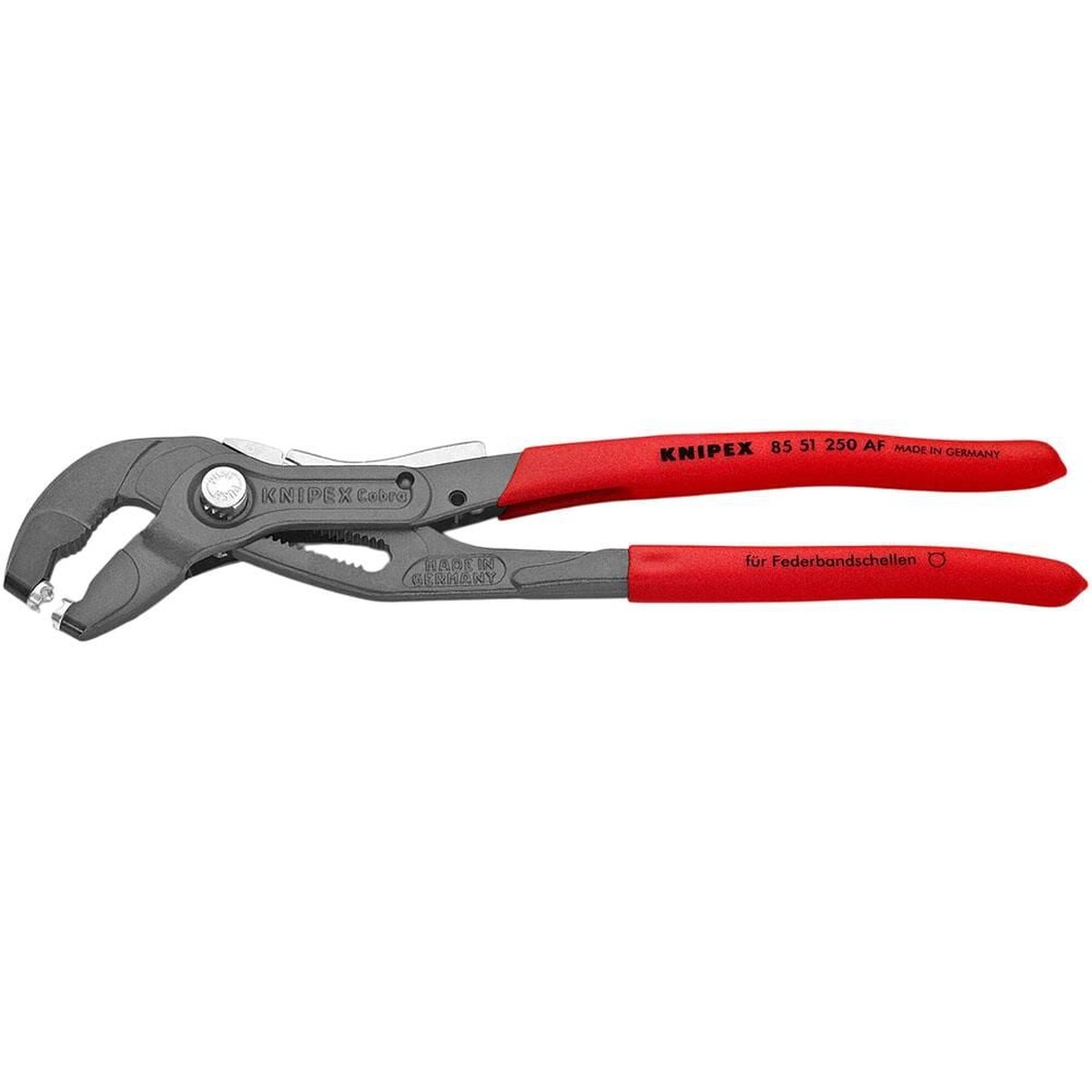 Knipex Spring Hose Clamp Pliers with Retainer 250 mm shown in full profile for automotive hose clamp service and tight engine compartment access