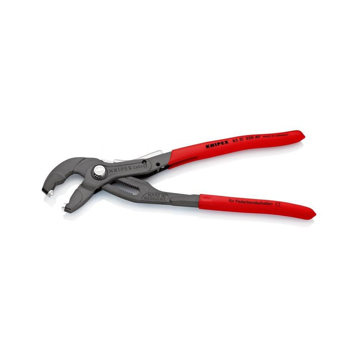 Knipex Spring Hose Clamp Pliers with Retainer 250 mm angled product view showing long handles and locking retainer for spring clamp work