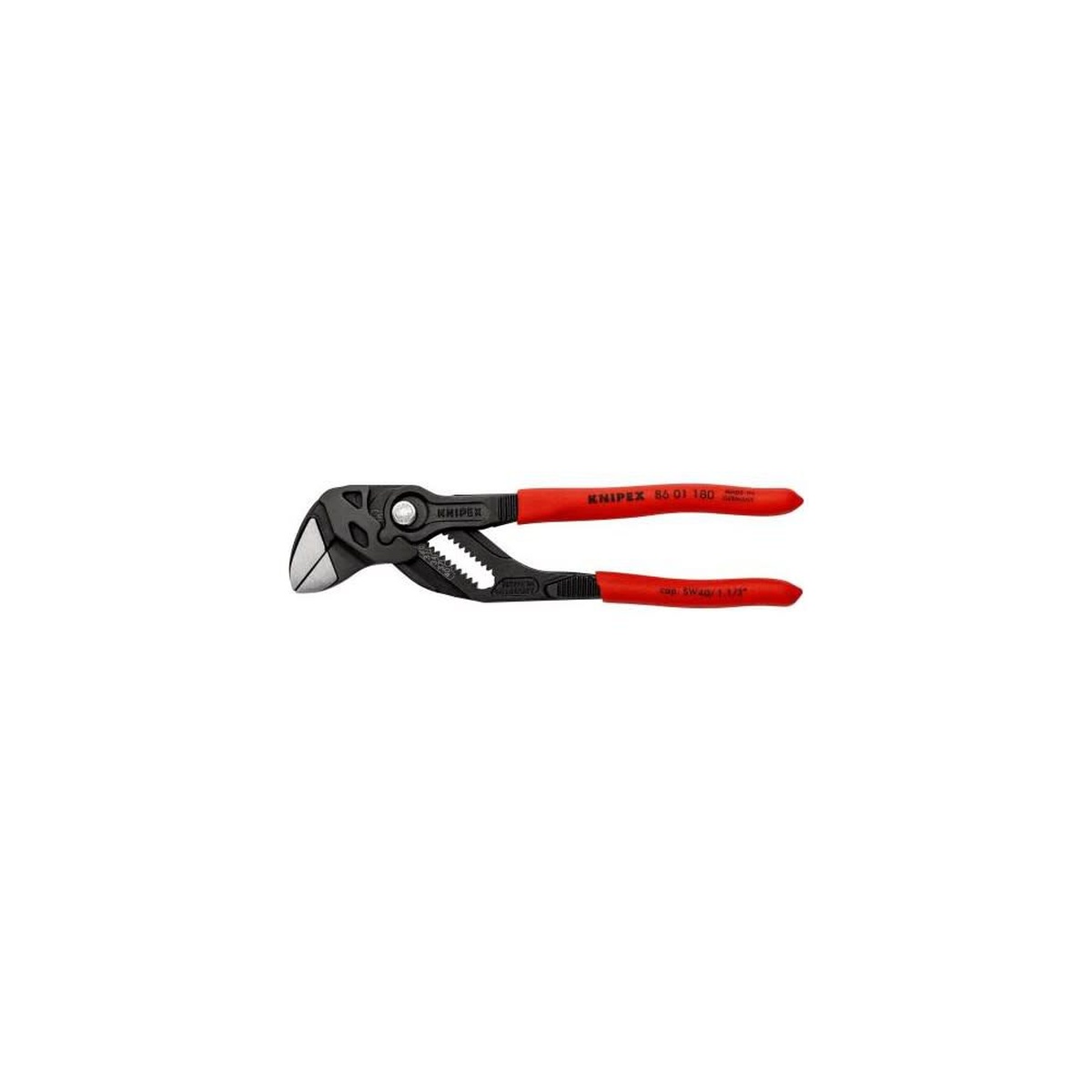 Knipex Black Atramentized Pliers Wrench 180mm shown open to display the push-button adjustment and multiple jaw settings on a clean background