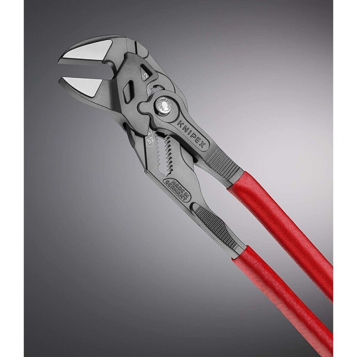 Knipex Black Atramentized Pliers Wrench 250mm close-up showing push-button adjustment and slim jaw profile for service work access