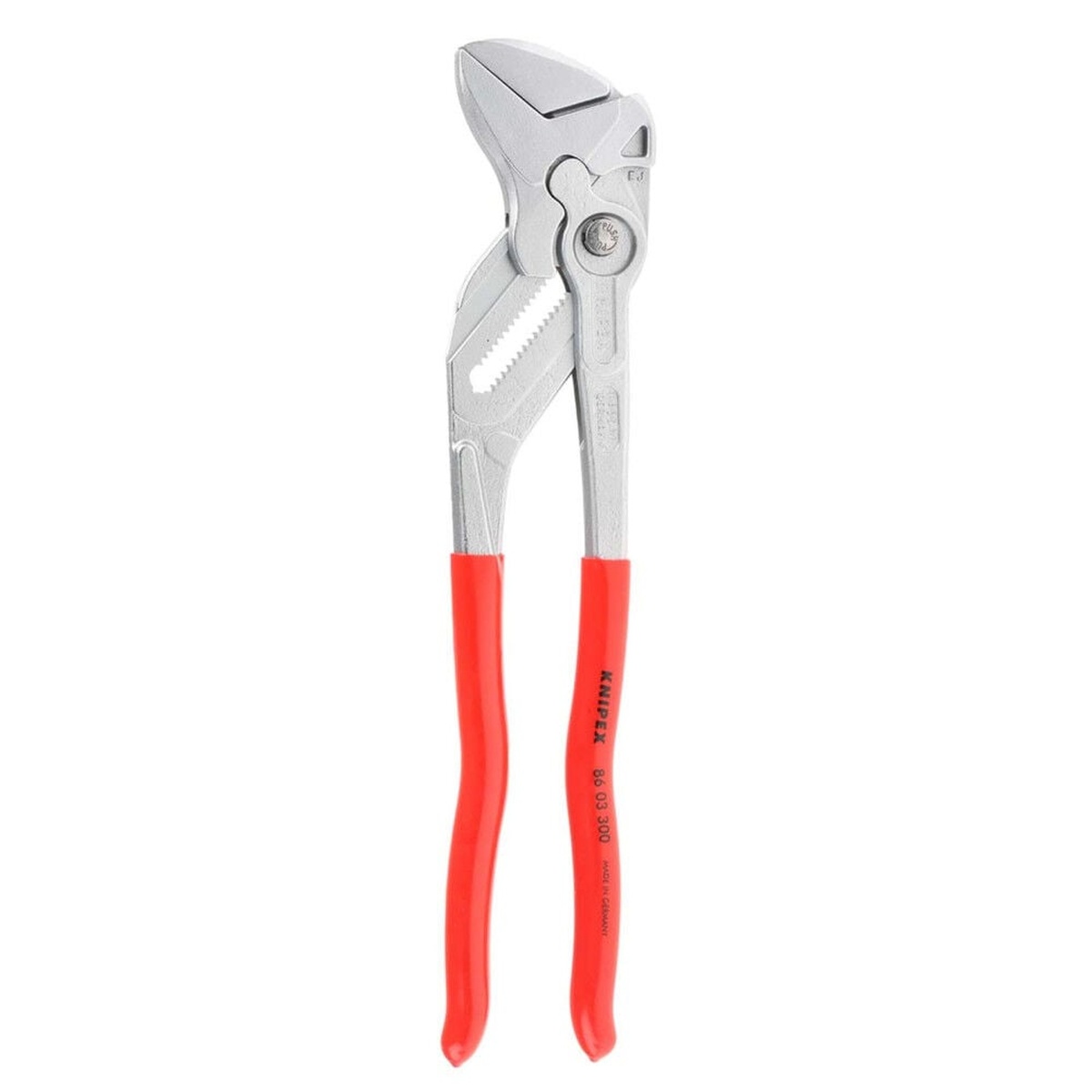 Knipex 86 03 300 SBA Pliers Wrench standing upright to show smooth jaws, adjustment mechanism, and dipped handles