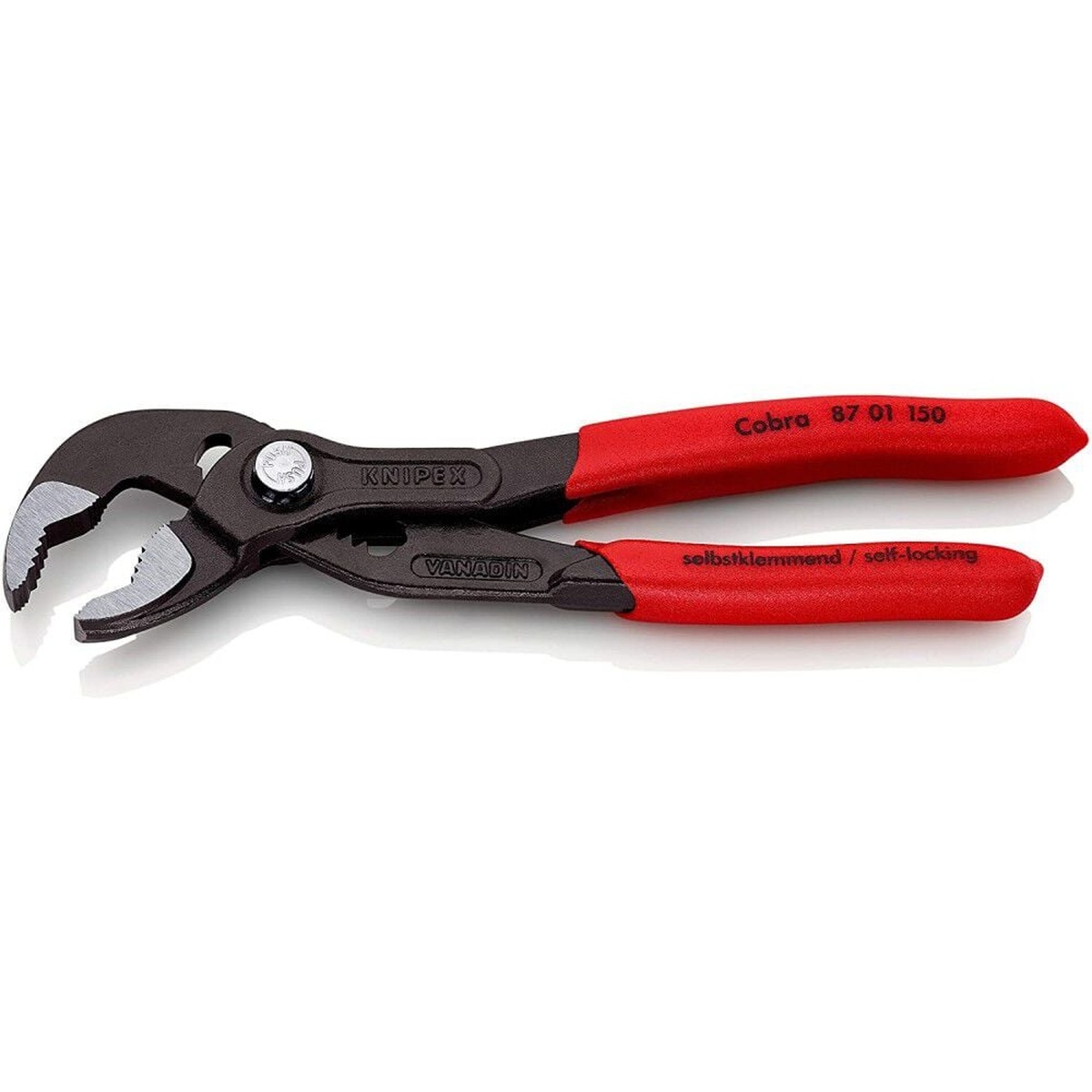 Knipex Cobra Hightech Water Pump Pliers 150mm shown with jaws open to highlight gripping teeth and box-joint design on a clean background