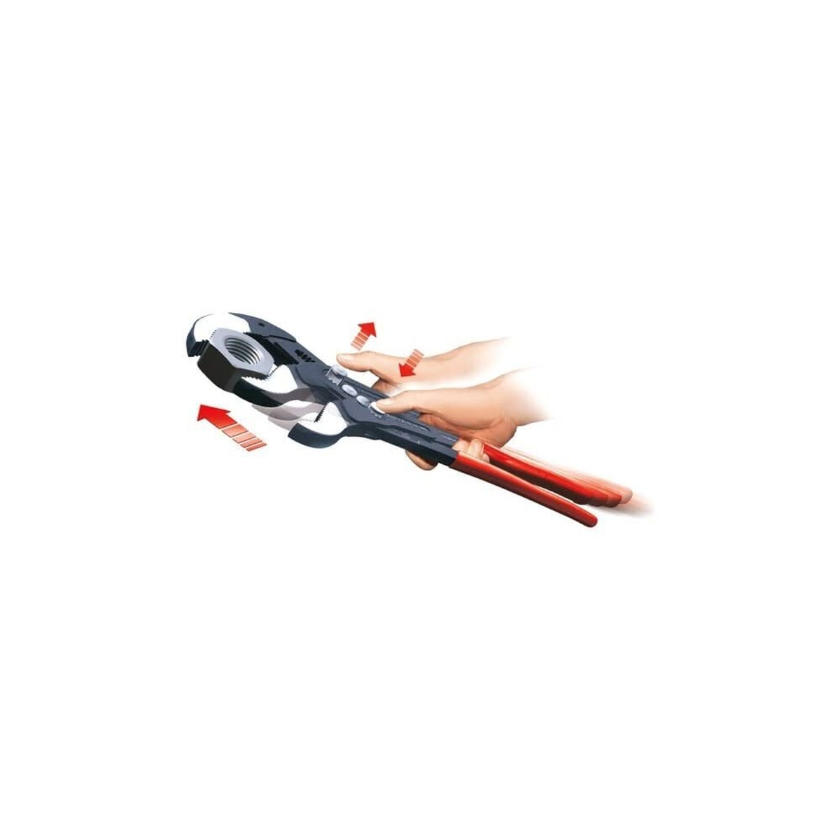 Knipex Cobra XL Water Pump Pliers 400mm showing one-handed push-button adjustment on a workpiece in service use