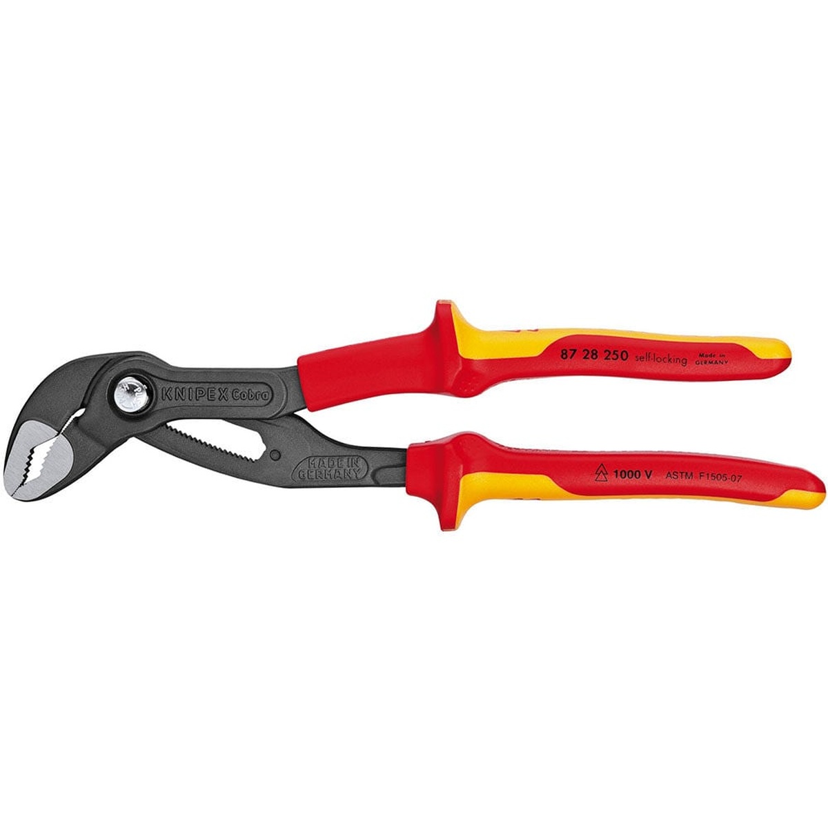 Knipex Cobra VDE Hightech Water Pump Pliers 250mm product view showing slim head box-joint design and insulated red and yellow handles
