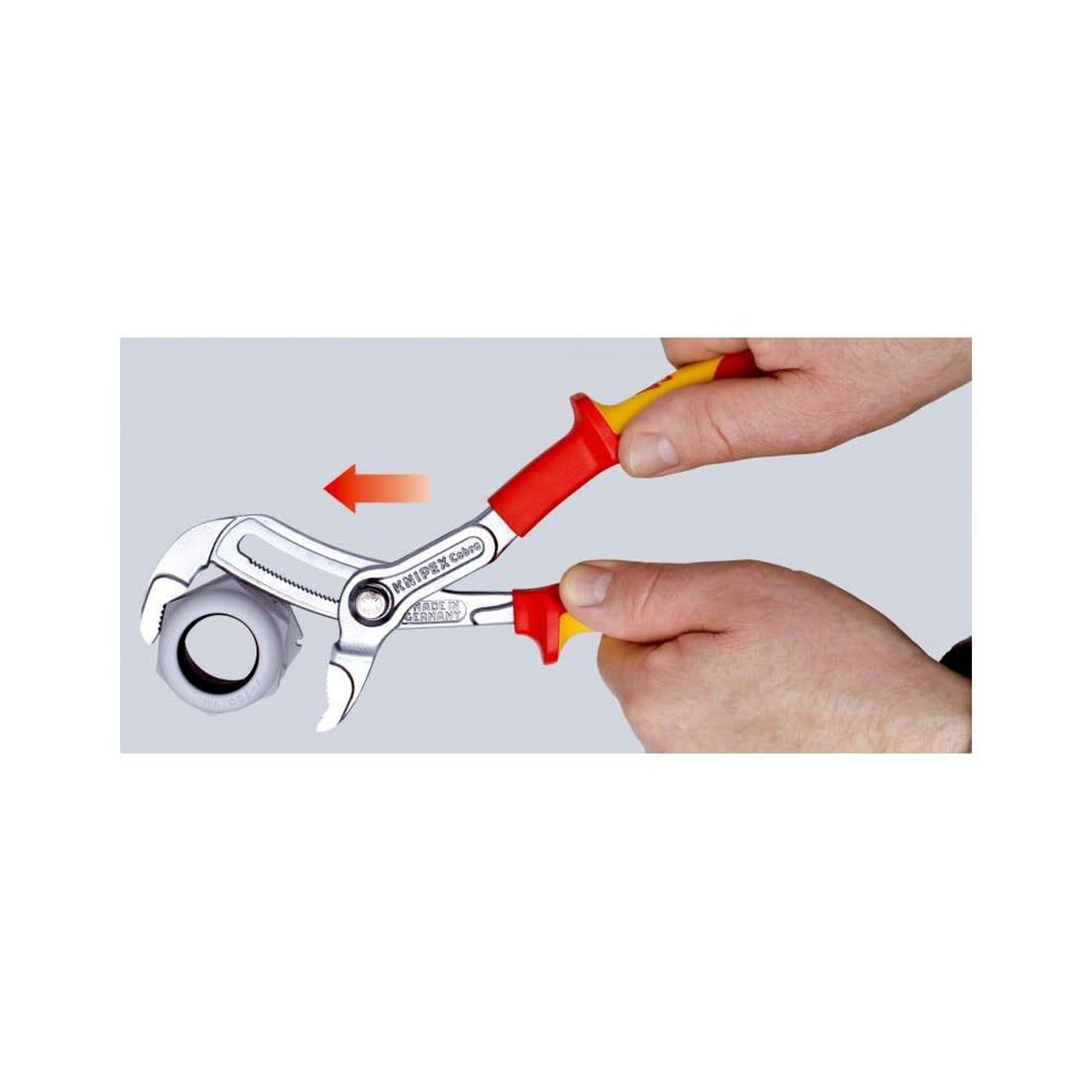 Knipex Cobra VDE Hightech Water Pump Pliers 250mm being adjusted directly on a round pipe fitting for quick sizing during service work