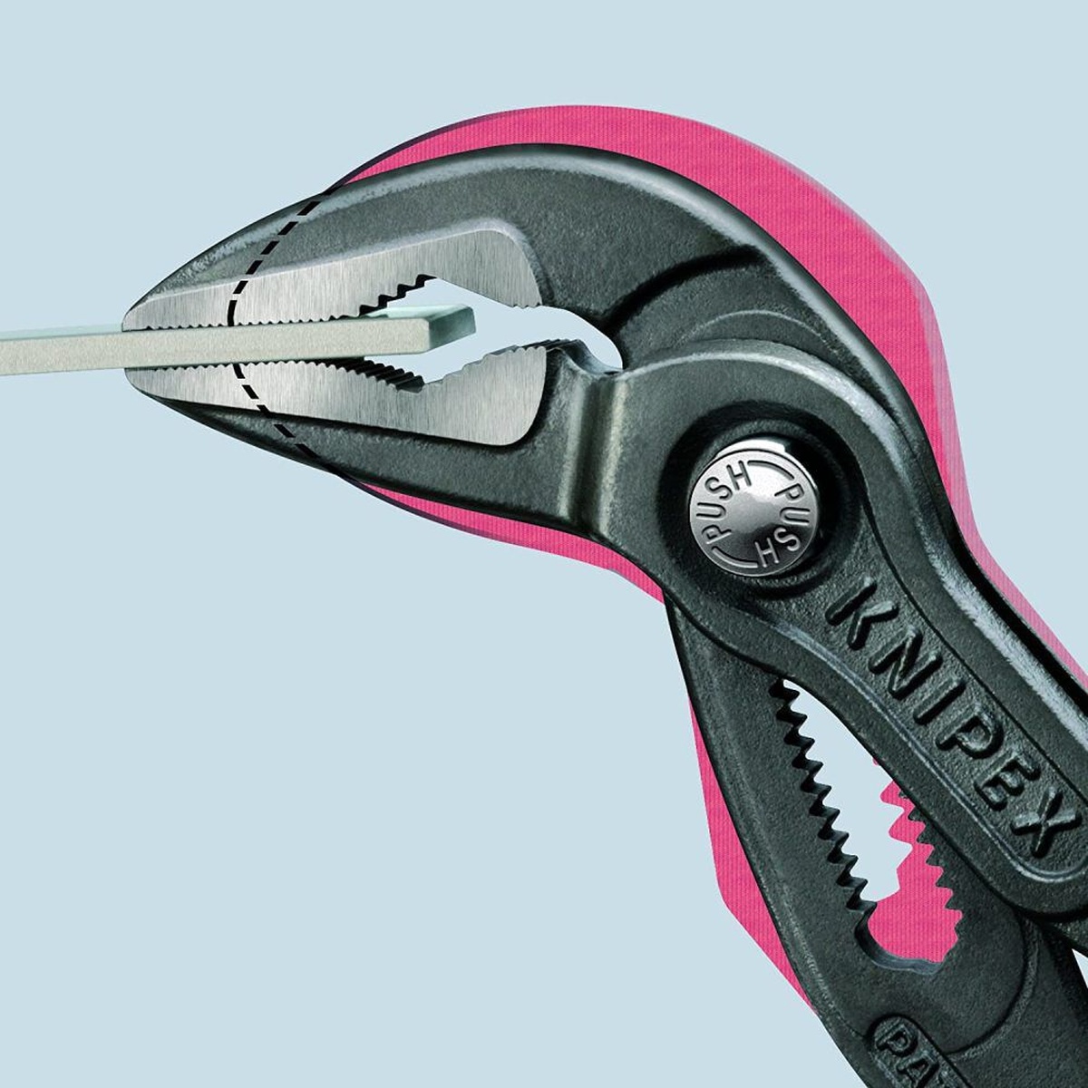 close-up of Knipex Cobra Extra Slim Water Pump Pliers 250mm jaws gripping flat metal stock to show narrow jaw profile and serrated contact points