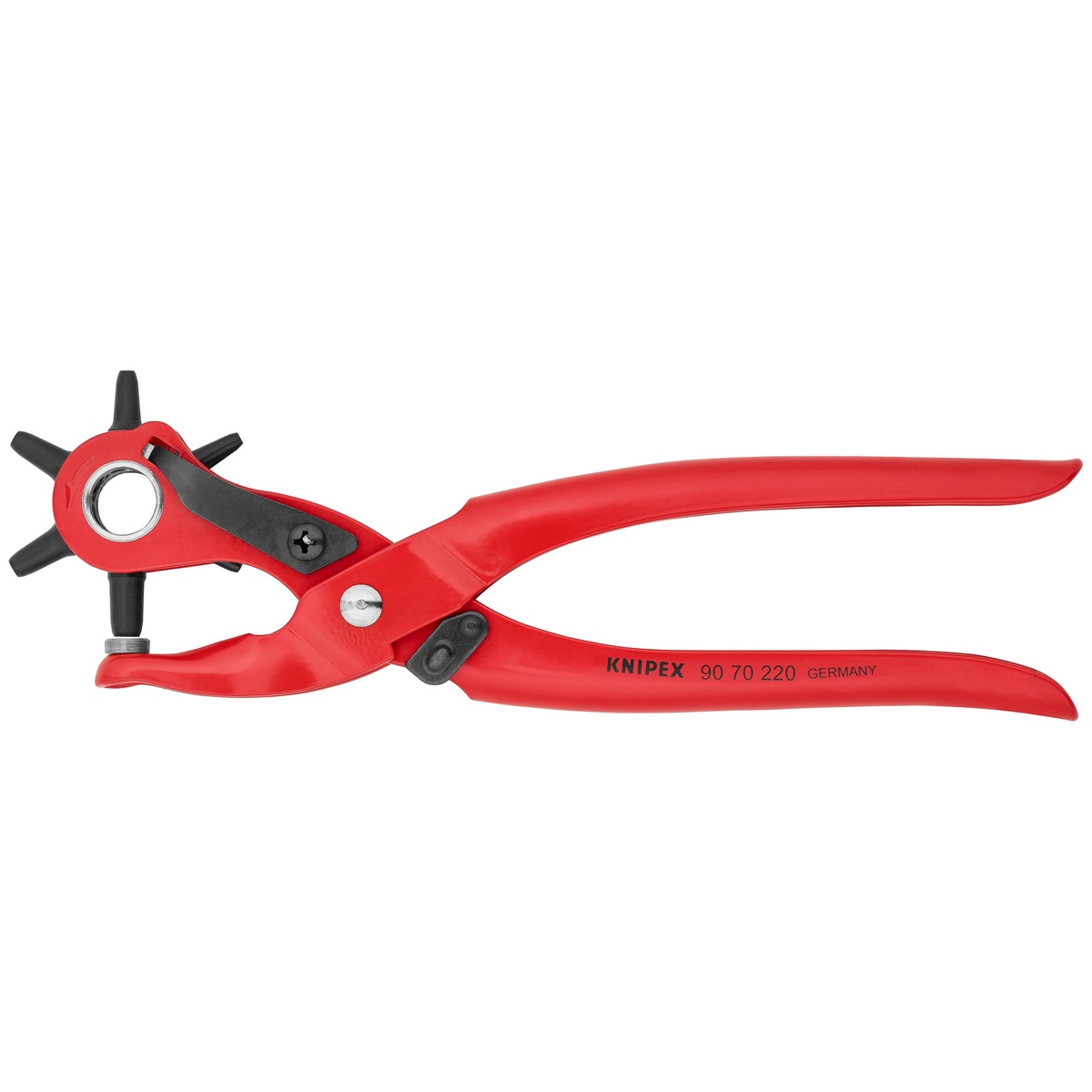 Knipex 90 70 220 Revolving Punch Pliers full tool view showing the rotating punch head, red powder-coated body, and locking lever on a clean background