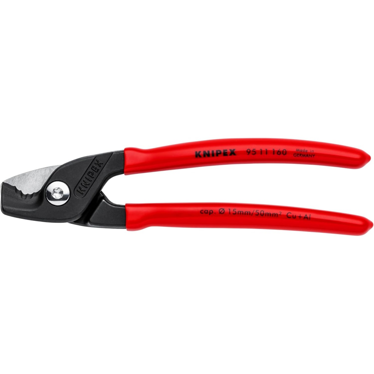 Knipex 95 11 160 SBA StepCut Cable Shears shown in profile on a clean background, highlighting the compact cutting head, plastic-coated handles, and cable-cutting capacity markings for copper and aluminum work