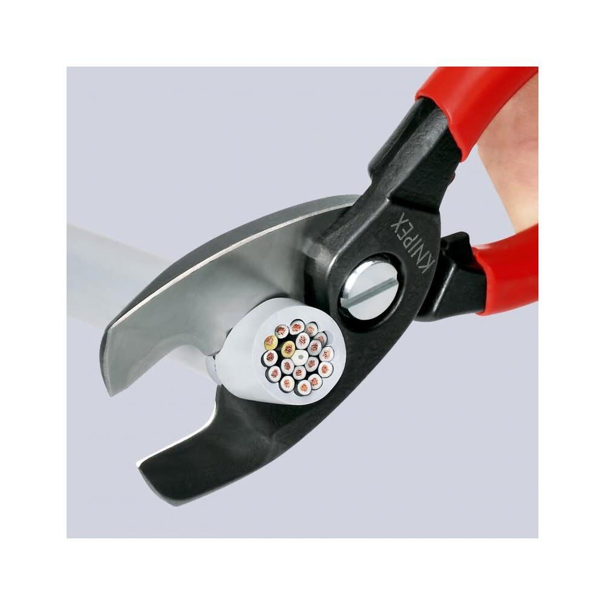 Knipex Cable Shear with Twin Cutting Edge 200mm cutting a large stranded electrical cable in a close-up shop application