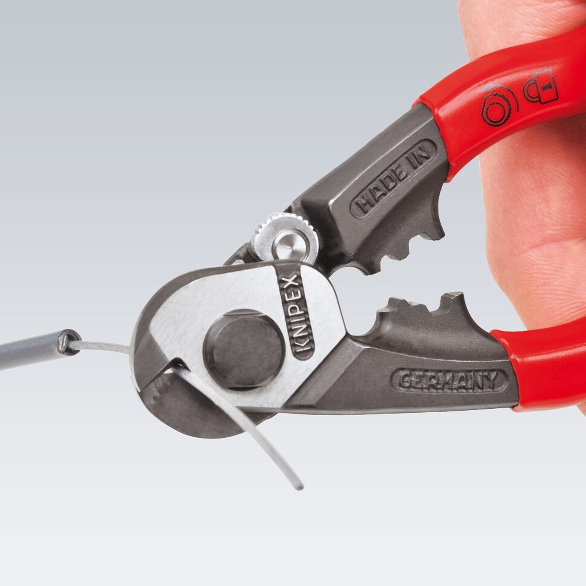 KNIPEX 95 61 190 SBA Wire Rope Cutters making a clean shear cut on wire rope during cable trimming work