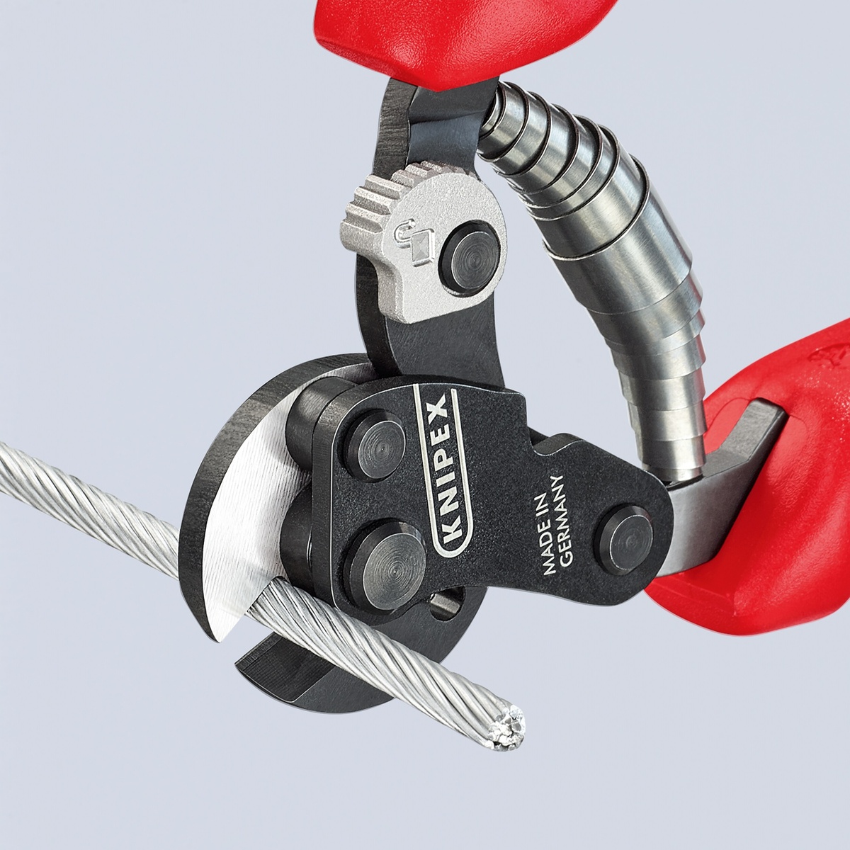 Knipex 95 62 160 SBA wire rope shears close-up showing opening spring and thumb lock near the handles