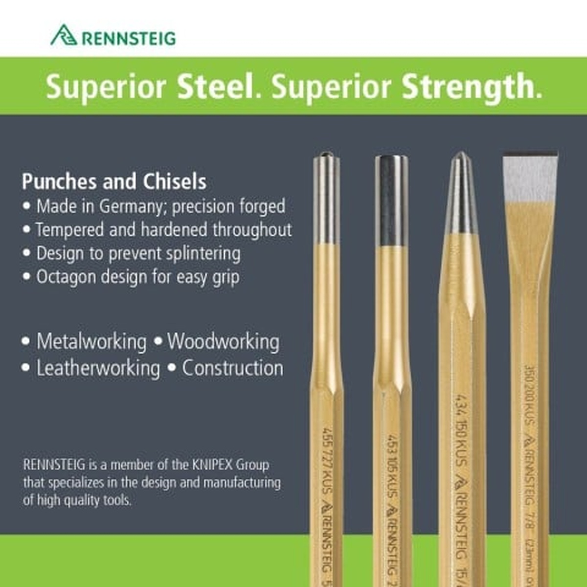 Knipex 9R 453 101 KUS 3/32 in. x 6 in. Pin Punch shown with punch and chisel line details for metalworking, woodworking, and construction applications