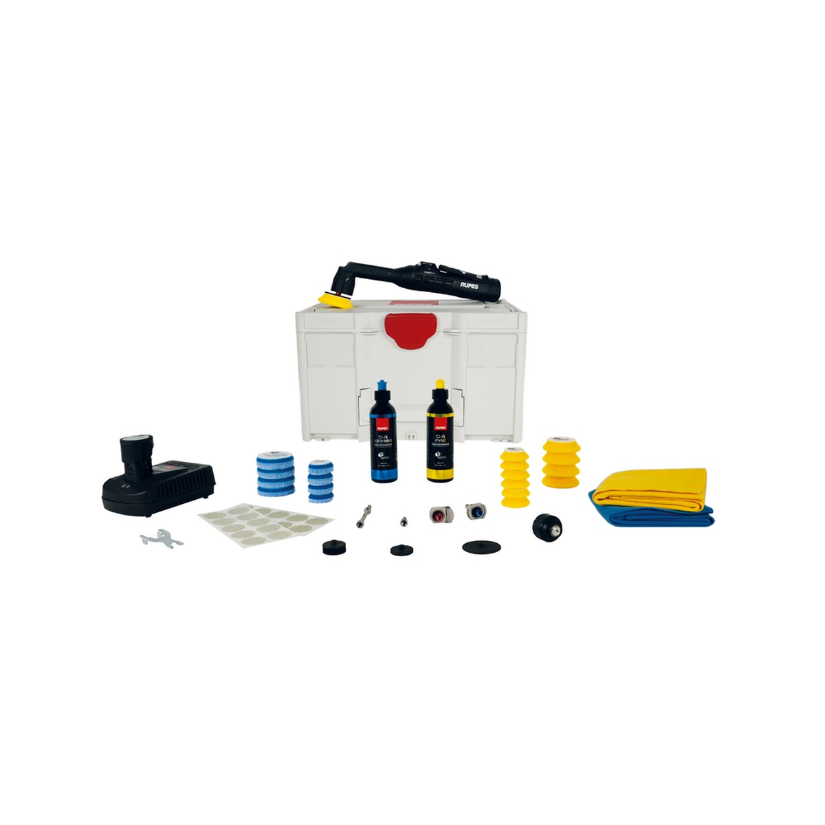 Rupes HR81MLII/US/LUX iBrid Nano2 Polisher kit with Systainer case batteries charger pads compounds towels and accessories for automotive detailing