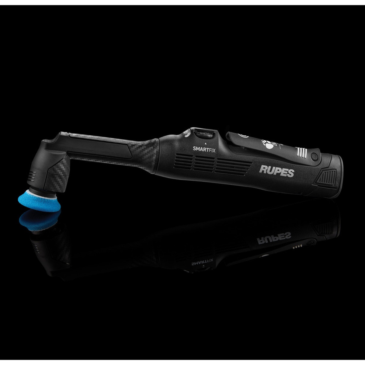 Rupes HR81MLII/US/LUX iBrid Nano2 Polisher shown with small blue polishing pad for automotive paint correction in tight detail work
