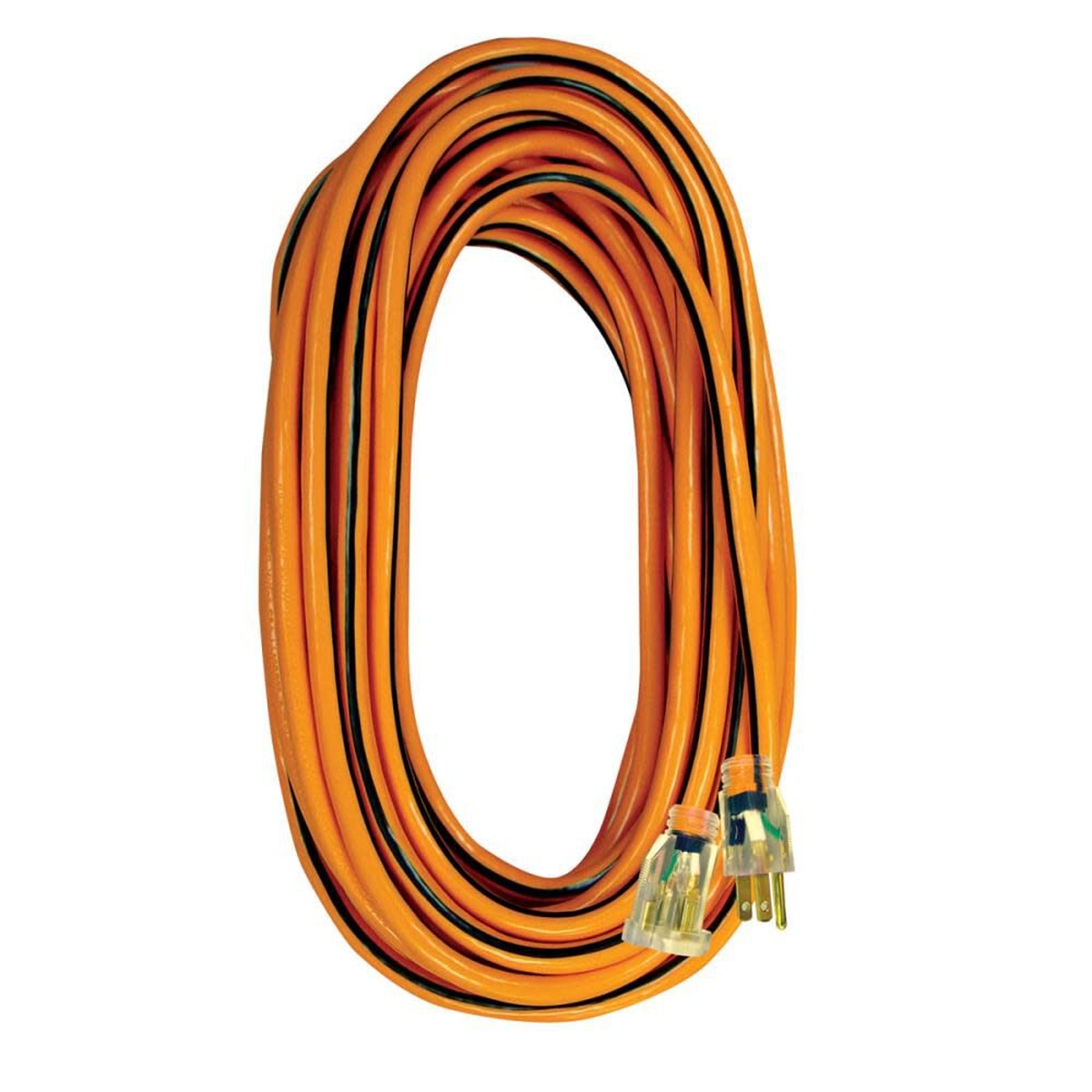 Voltec 05-00342 50 ft 14/3 SJTW Extension Cord coiled for storage with grounded plug and lighted receptacle for outdoor power use on a jobsite or around the home