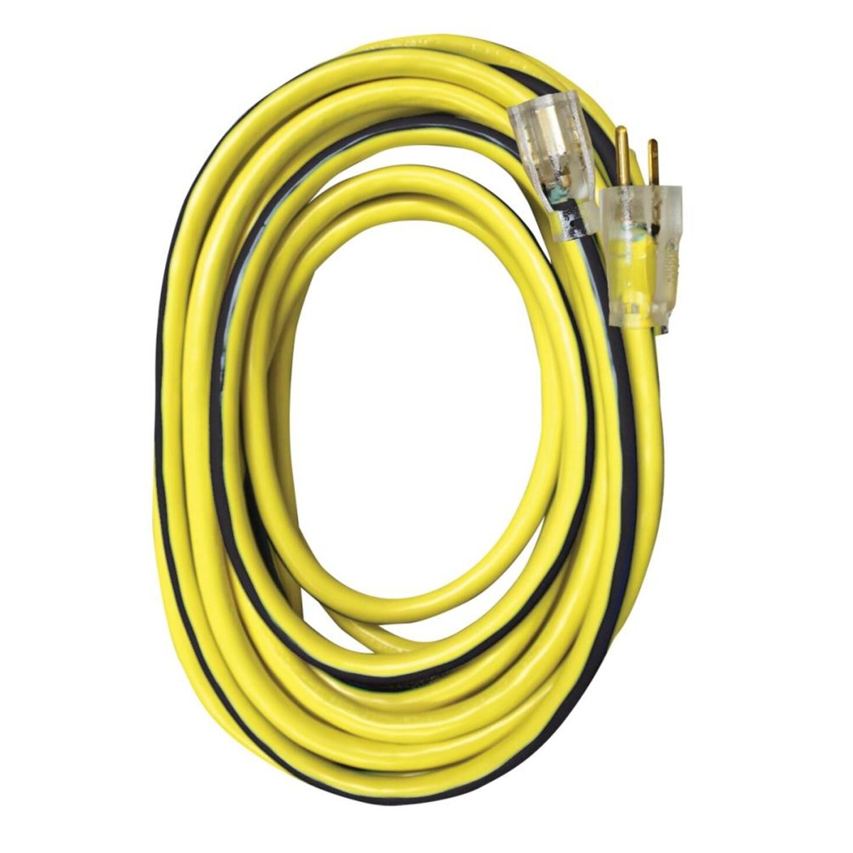 Voltec 50 Ft. 10/3 SJTW UG Extension Cord YL/BK coiled for storage with clear plug and receptacle ends, shown as a heavy-duty power cord for indoor and outdoor jobsite or workshop use